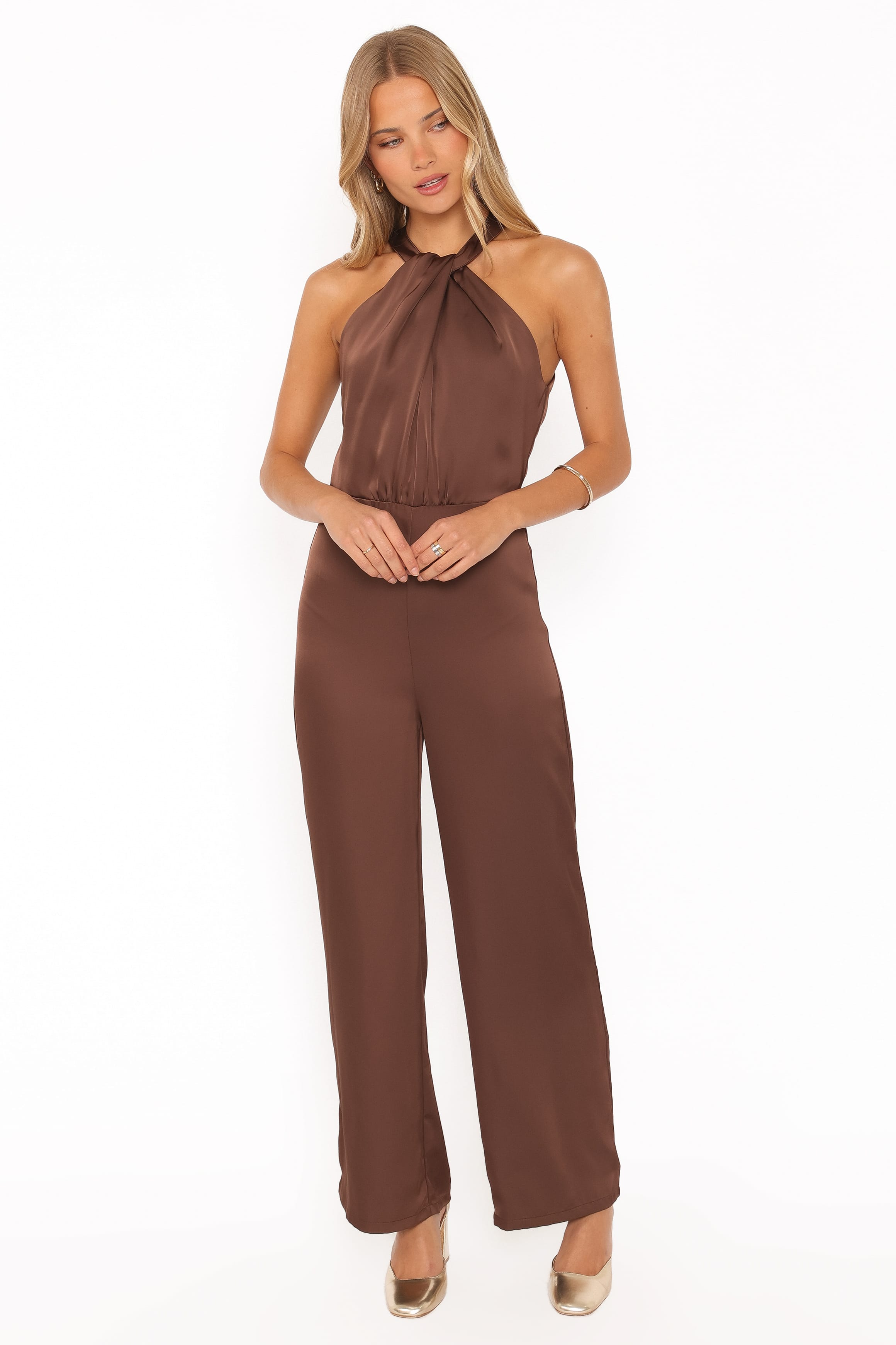 PLAYSUITS Saskia Halter Neck Satin Jumpsuit - Chocolate Brown