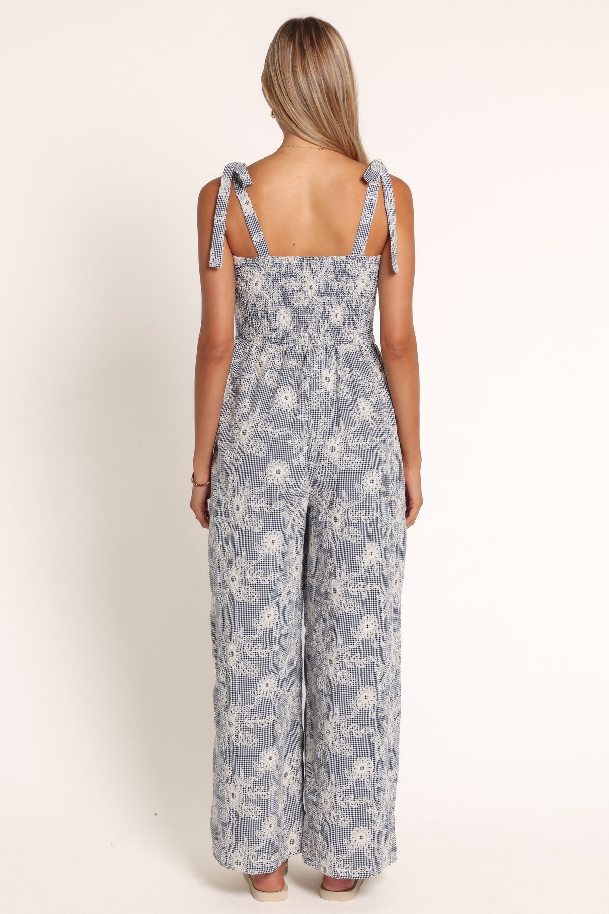 PLAYSUITS Zorren Tie Strap Jumpsuit - Black Gingham Broderie