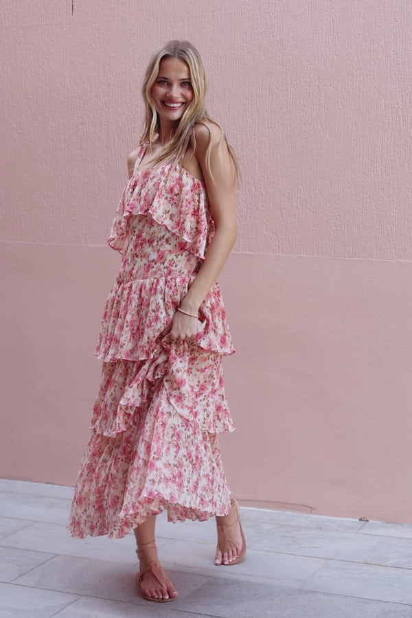 Everleigh Midi Dress - Pink Green Floral