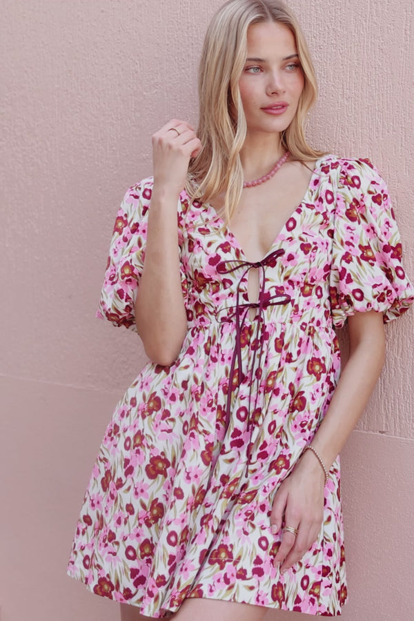 Deanne Mini Dress - Pink Green Floral