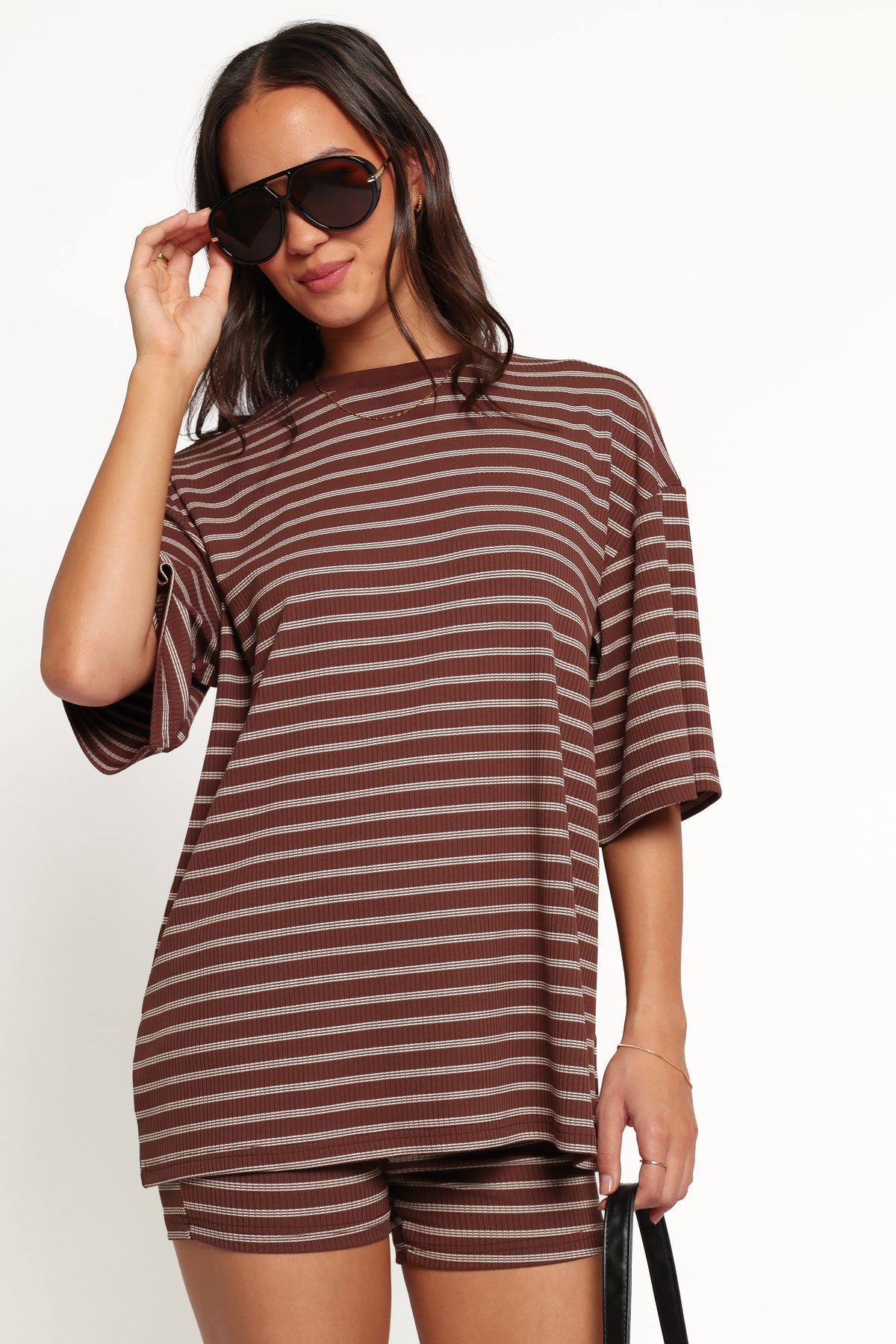 SETS Jazmine Knit Short Set - Chocolate Brown Stripe