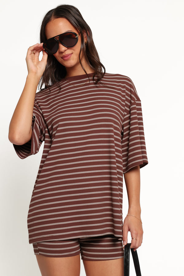 SETS Jazmine Knit Short Set - Chocolate Brown Stripe