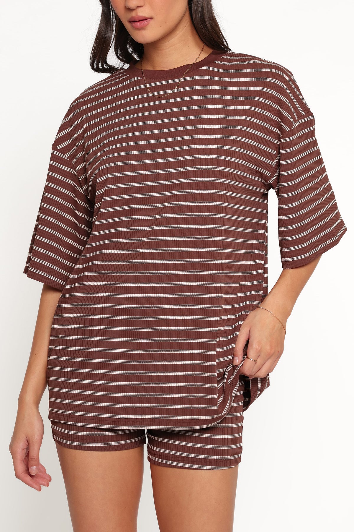 SETS Jazmine Knit Short Set - Chocolate Brown Stripe