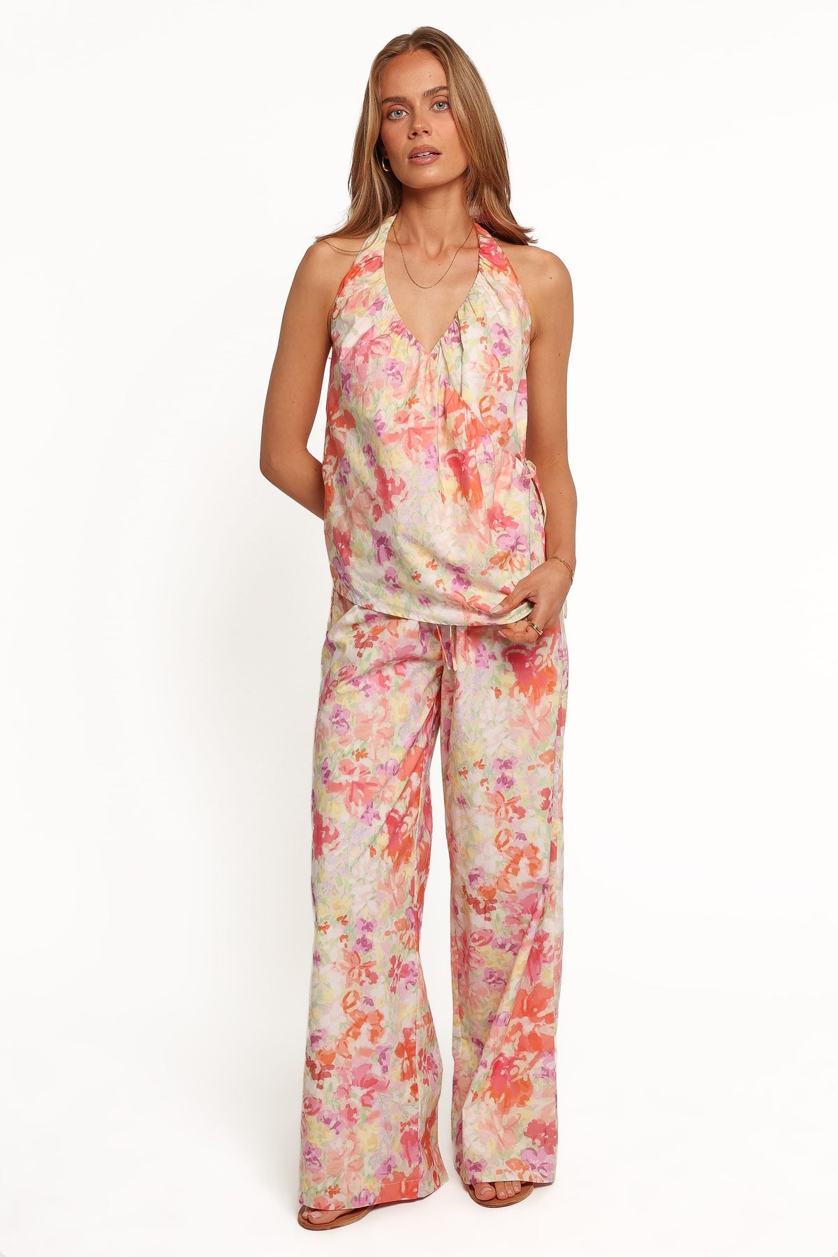 SETS Sarina Halter Neck Pant Set - Peach Floral
