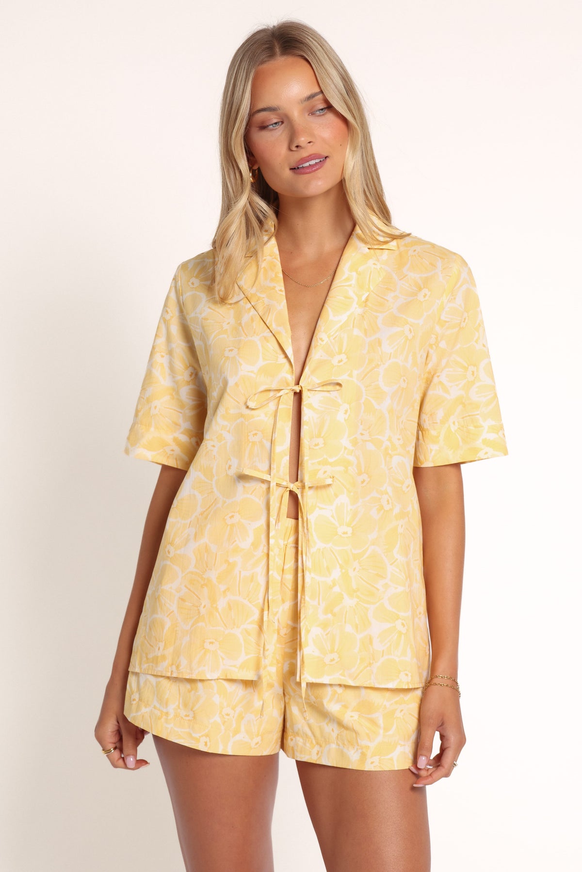 TOPS Aaliyah Cotton Tie Front Top - Yellow Floral