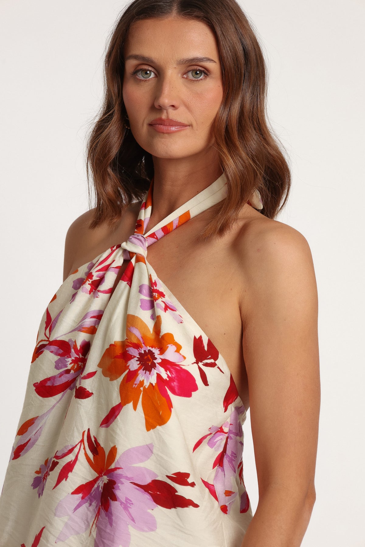 TOPS Adriane Halter Top - Orange Pink Floral