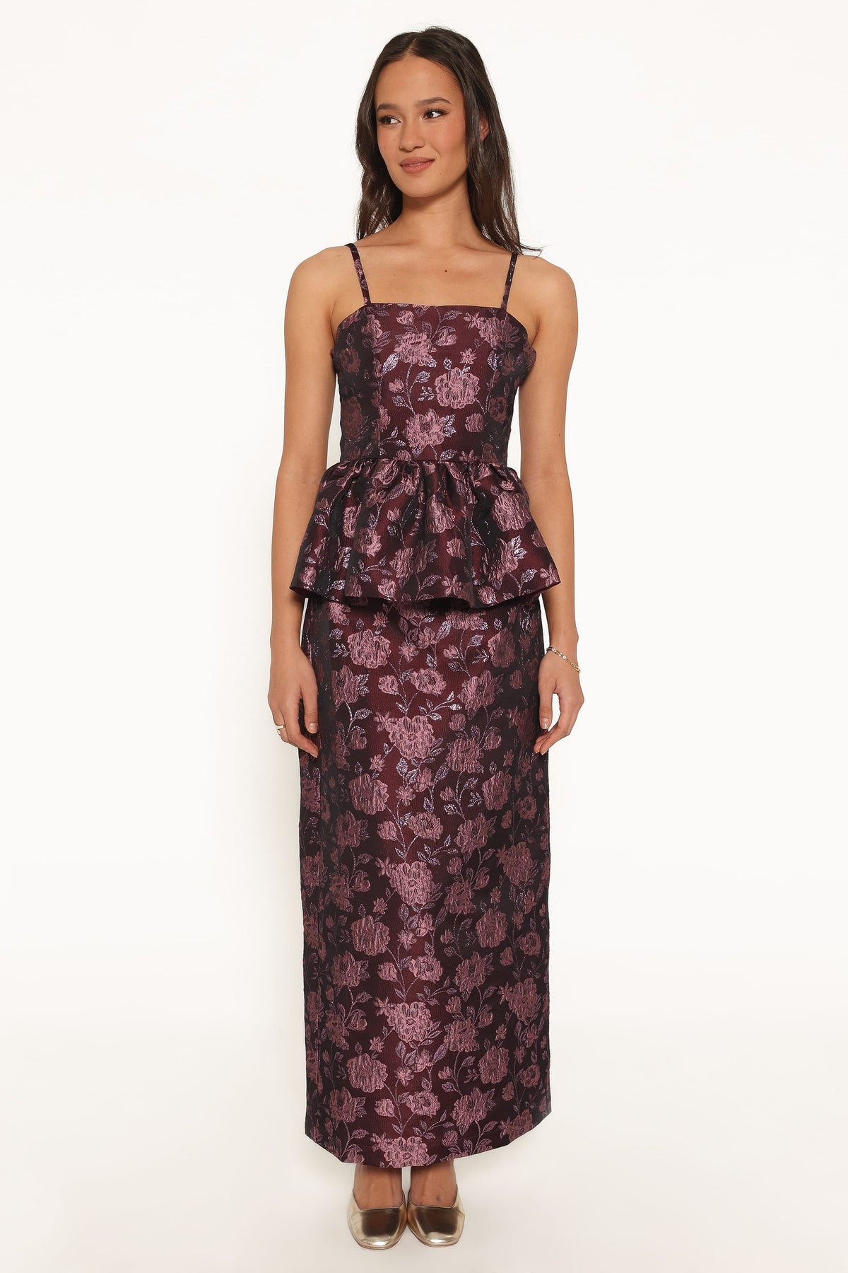 TOPS Allegro Peplum Top - Plum Brocade