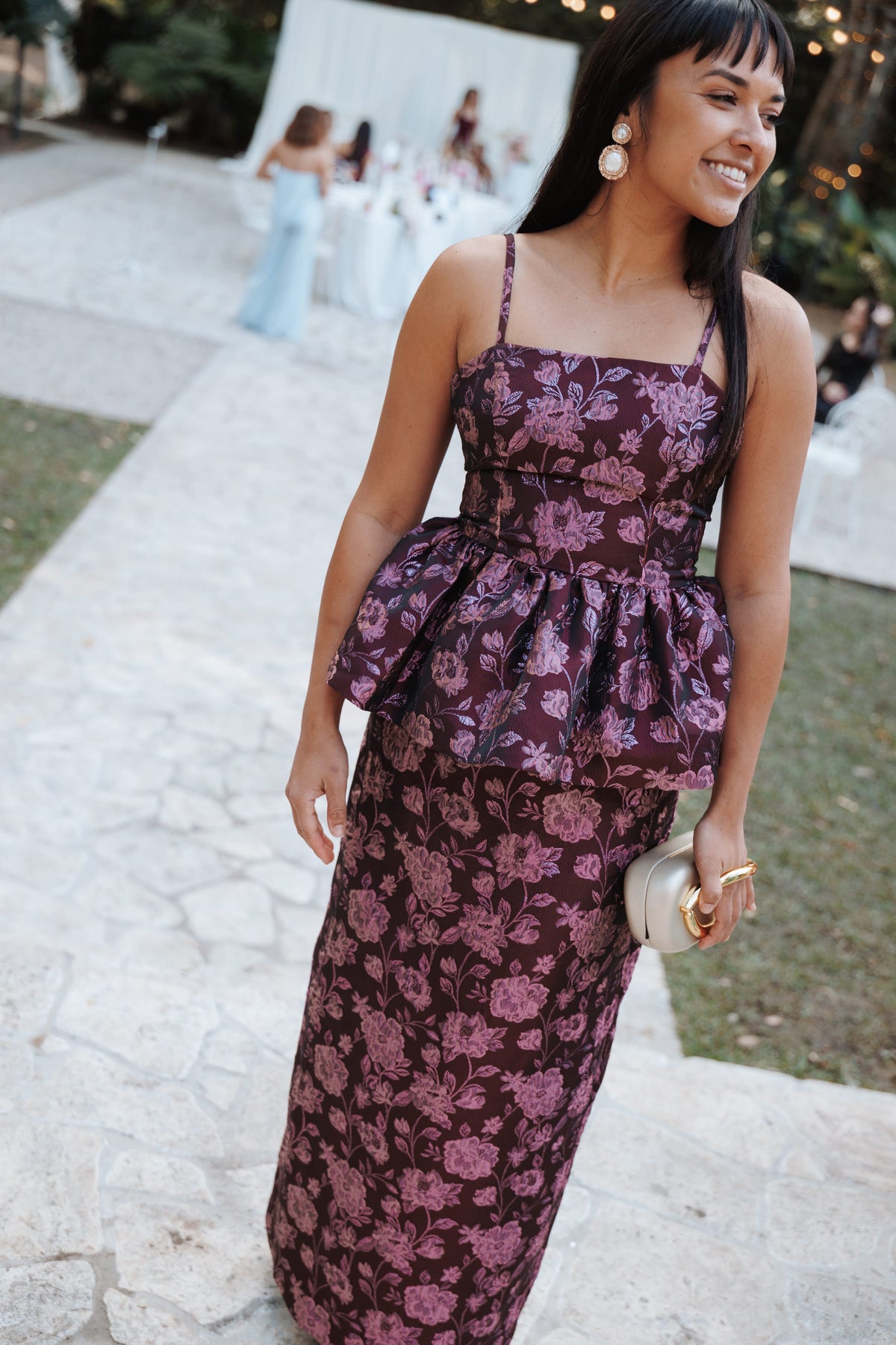 TOPS Allegro Peplum Top - Plum Brocade