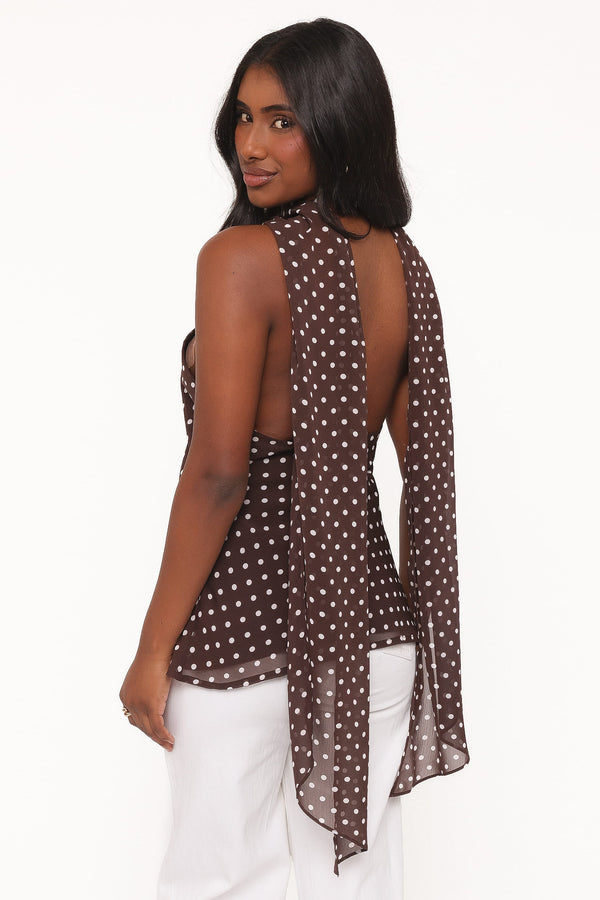 TOPS Beline Halter Top With Scarf - Brown Dot