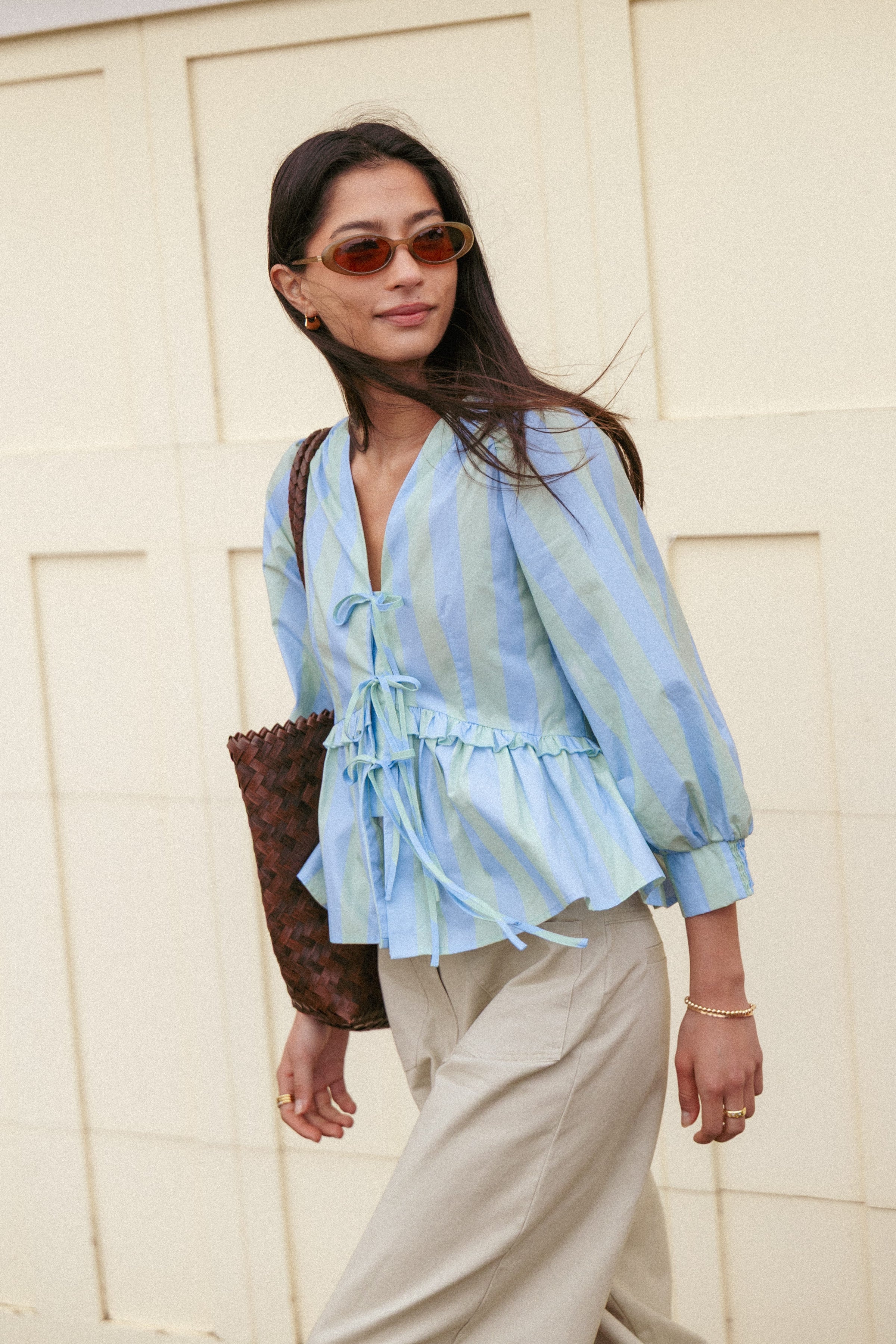 TOPS Benny Puff Sleeve Top - Green/Blue Stripe