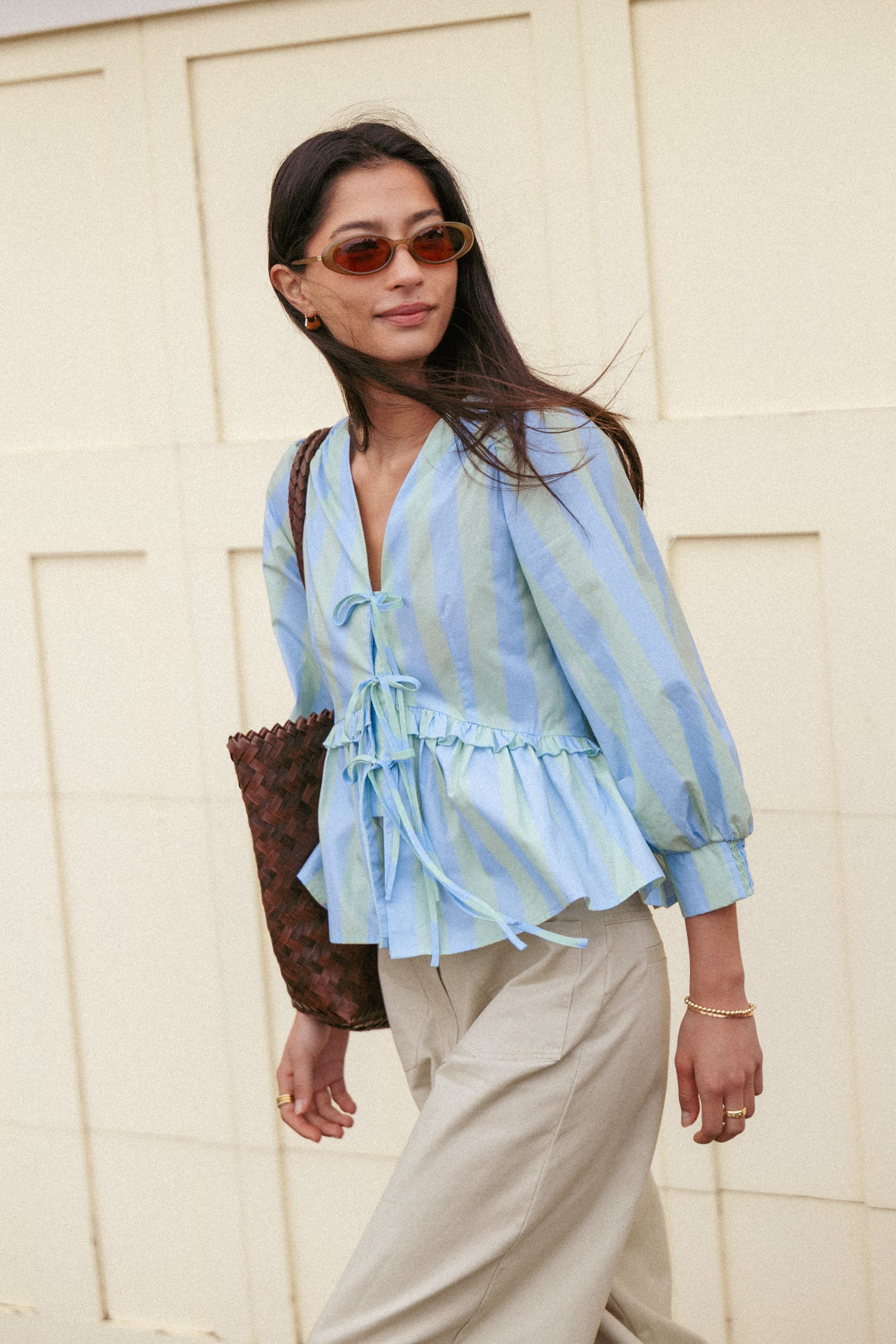TOPS Benny Puff Sleeve Top - Green/Blue Stripe