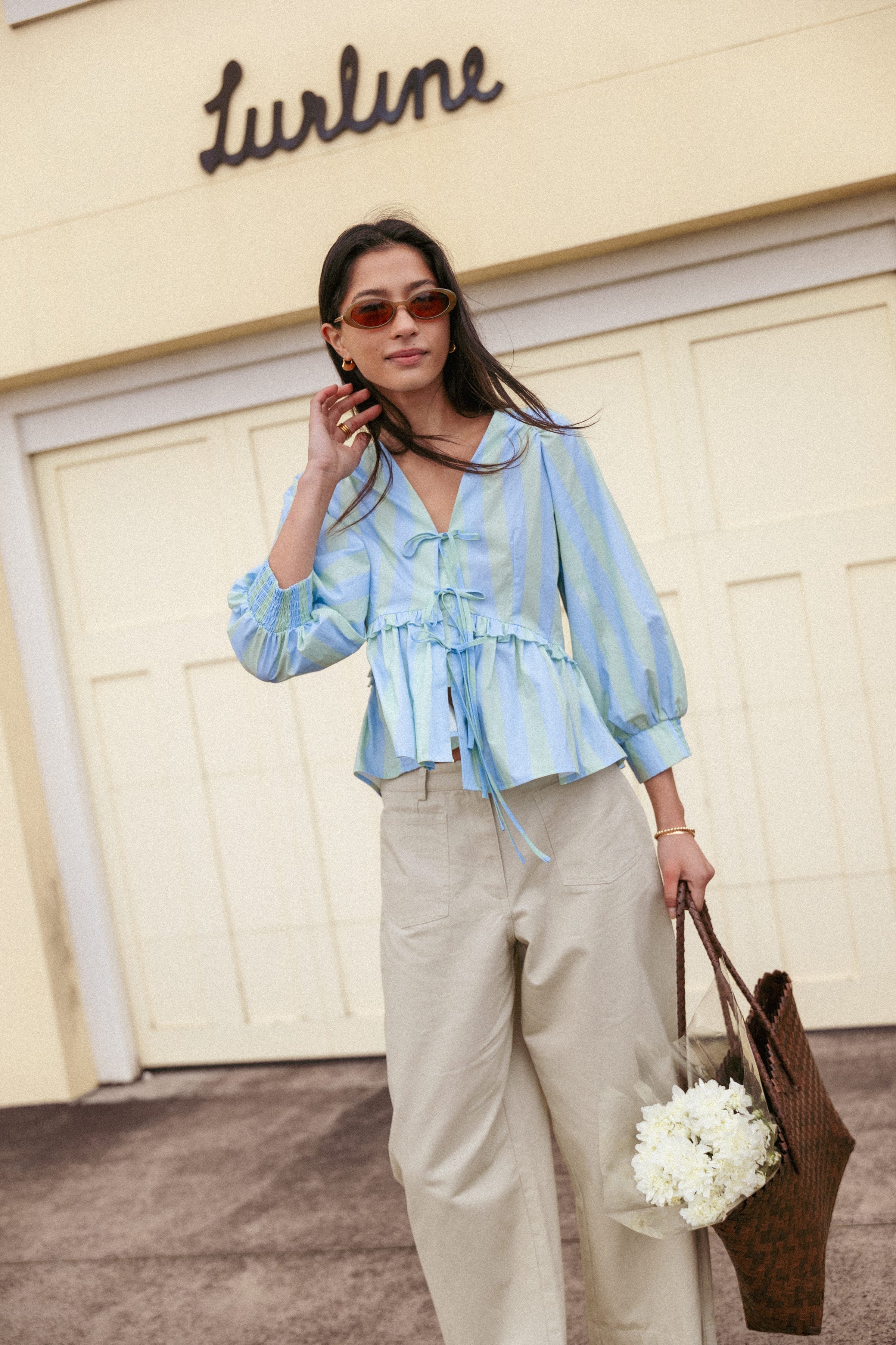 TOPS Benny Puff Sleeve Top - Green/Blue Stripe
