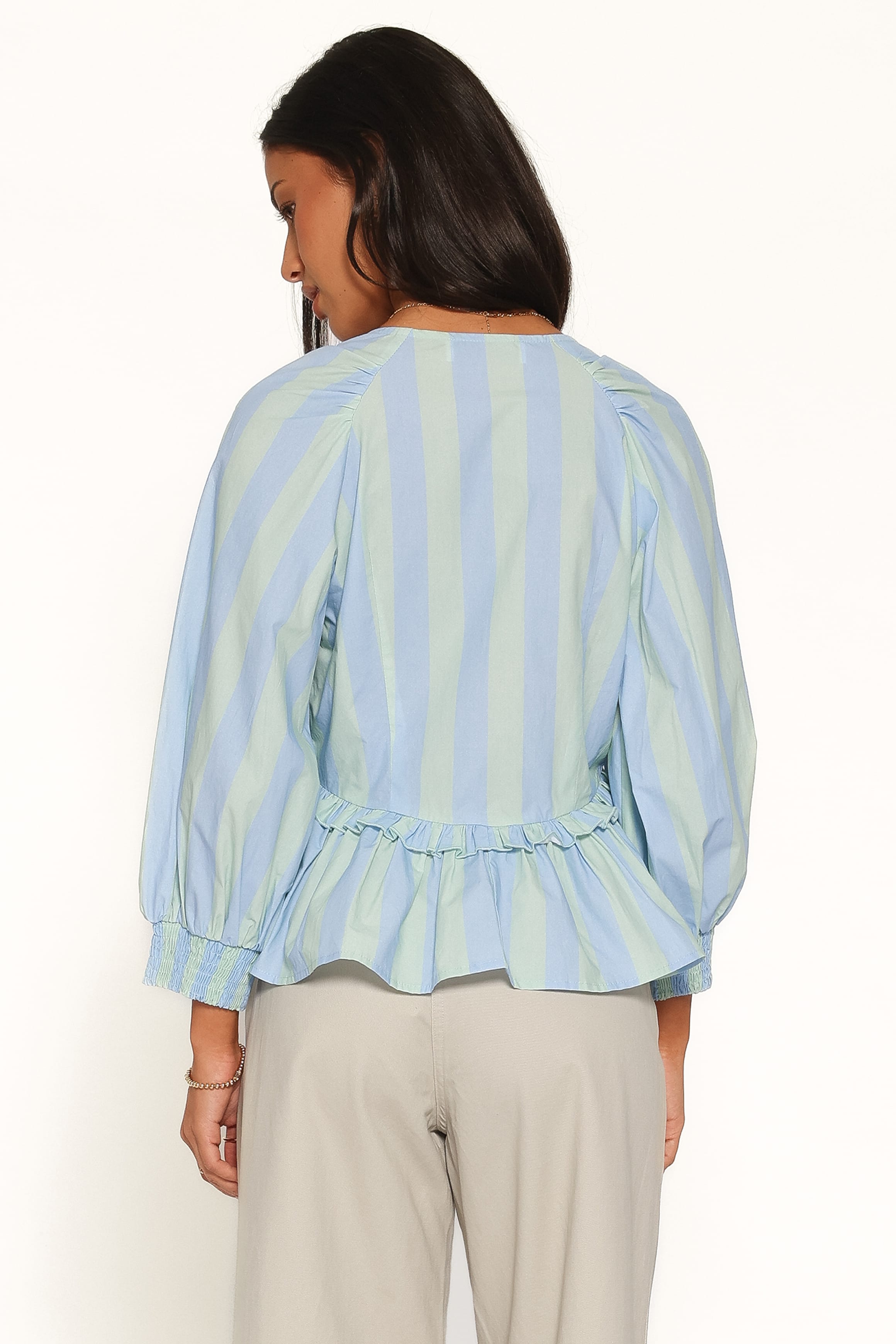 TOPS Benny Puff Sleeve Top - Green/Blue Stripe