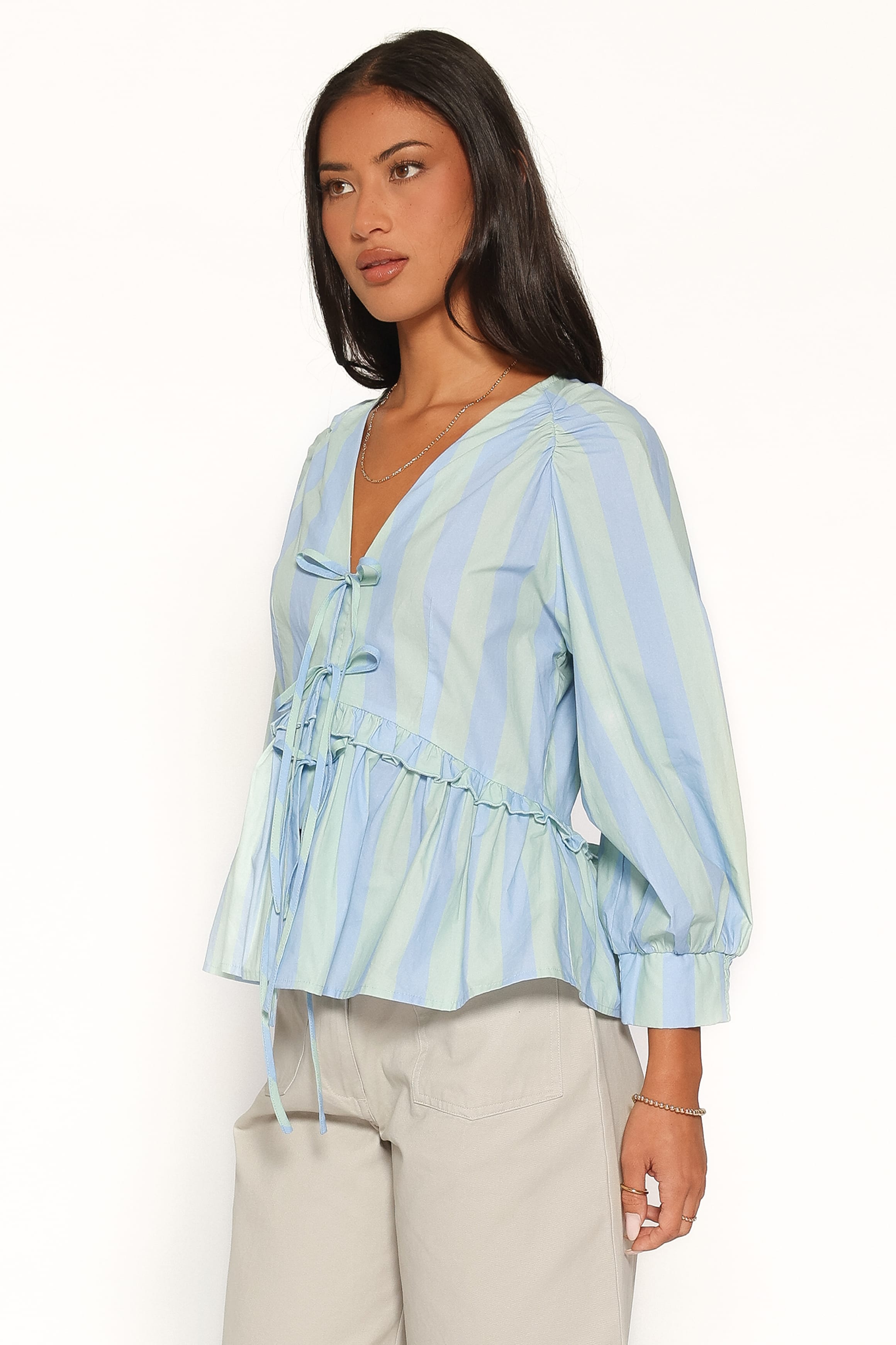TOPS Benny Puff Sleeve Top - Green/Blue Stripe