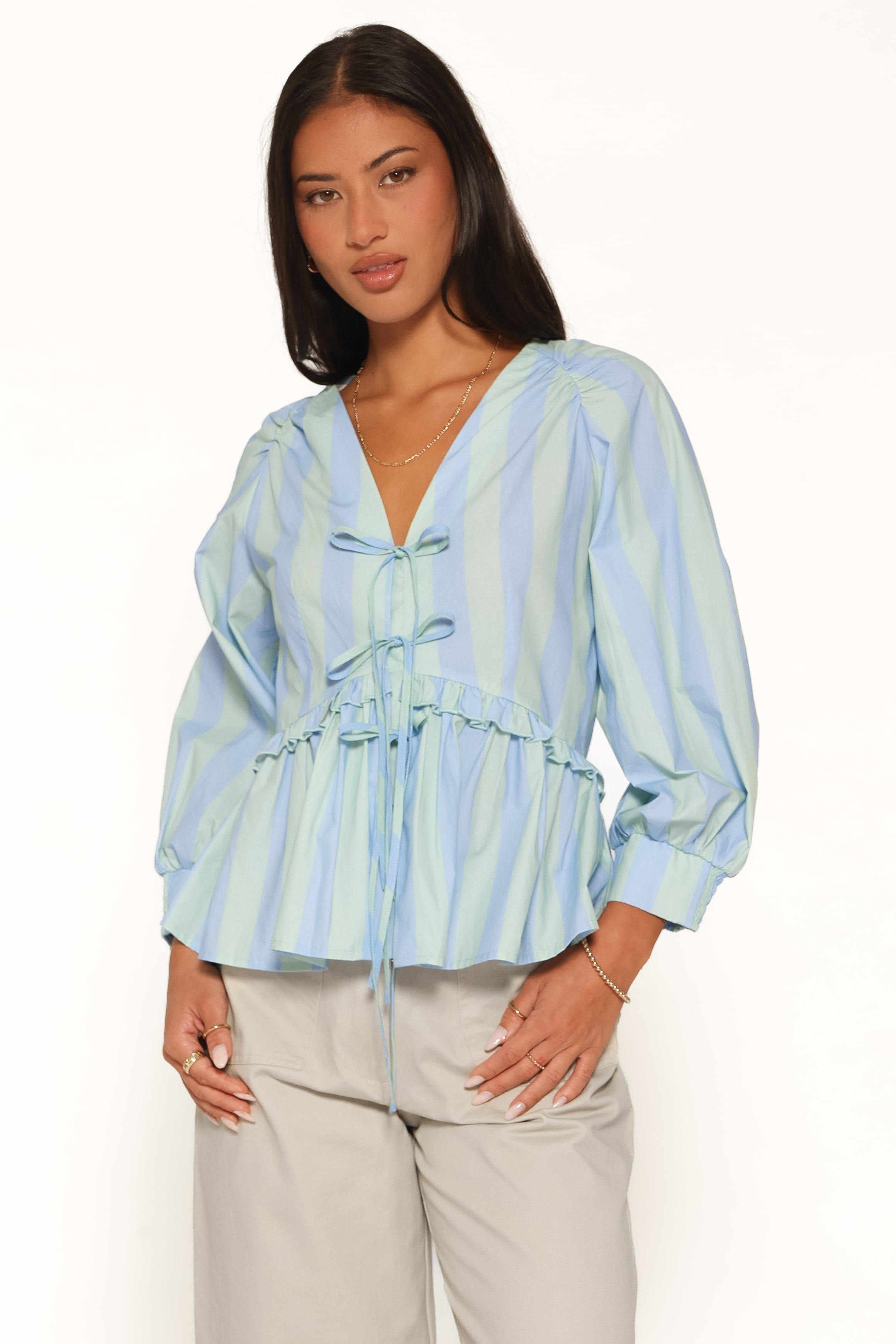 TOPS Benny Puff Sleeve Top - Green/Blue Stripe
