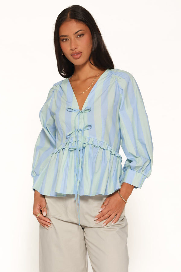 TOPS Benny Puff Sleeve Top - Green/Blue Stripe