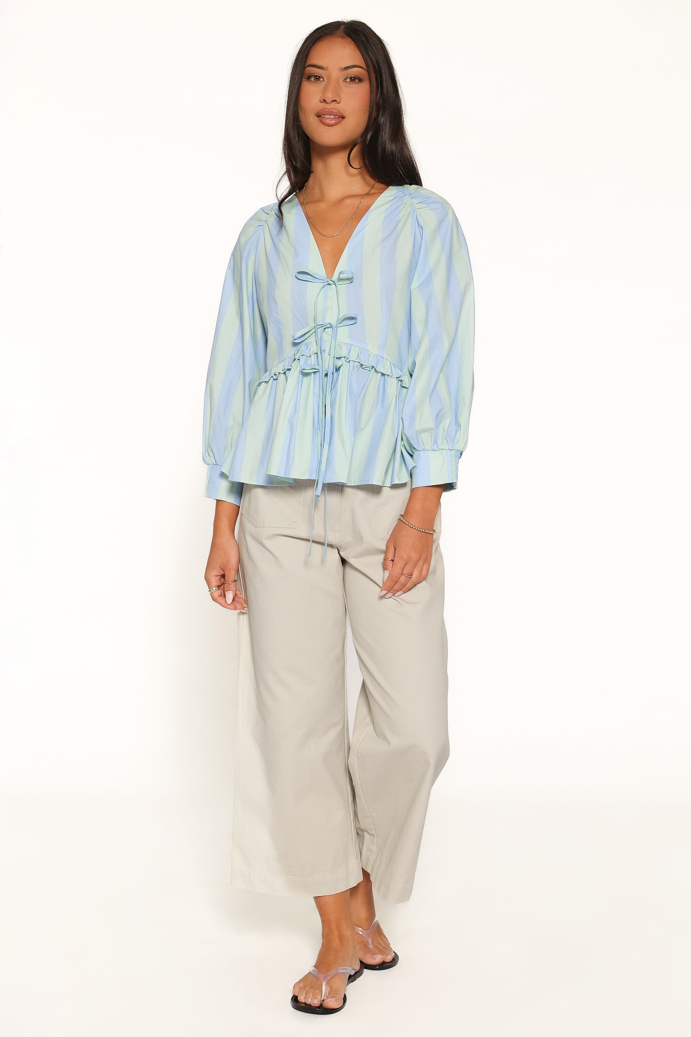 TOPS Benny Puff Sleeve Top - Green/Blue Stripe