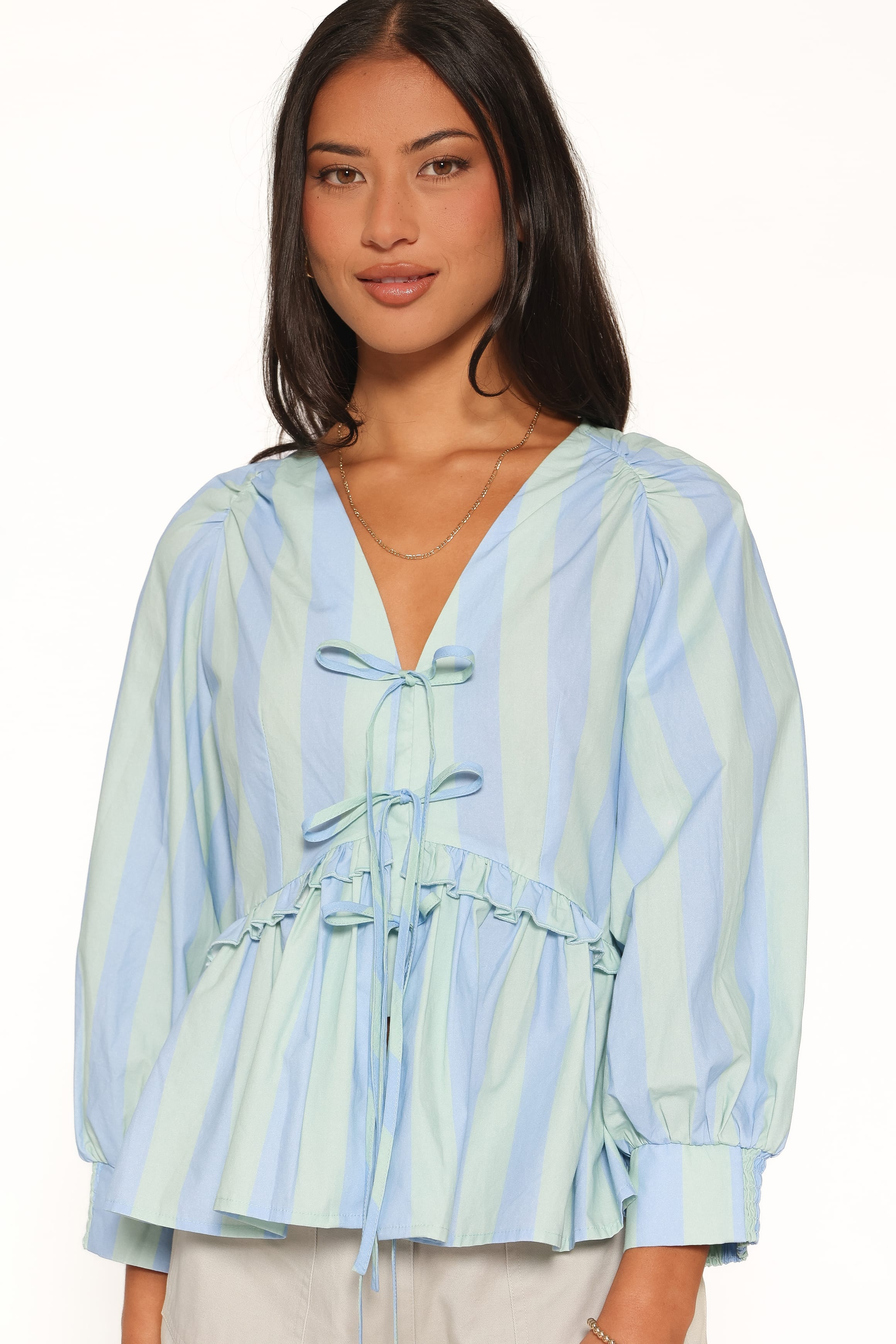 TOPS Benny Puff Sleeve Top - Green/Blue Stripe