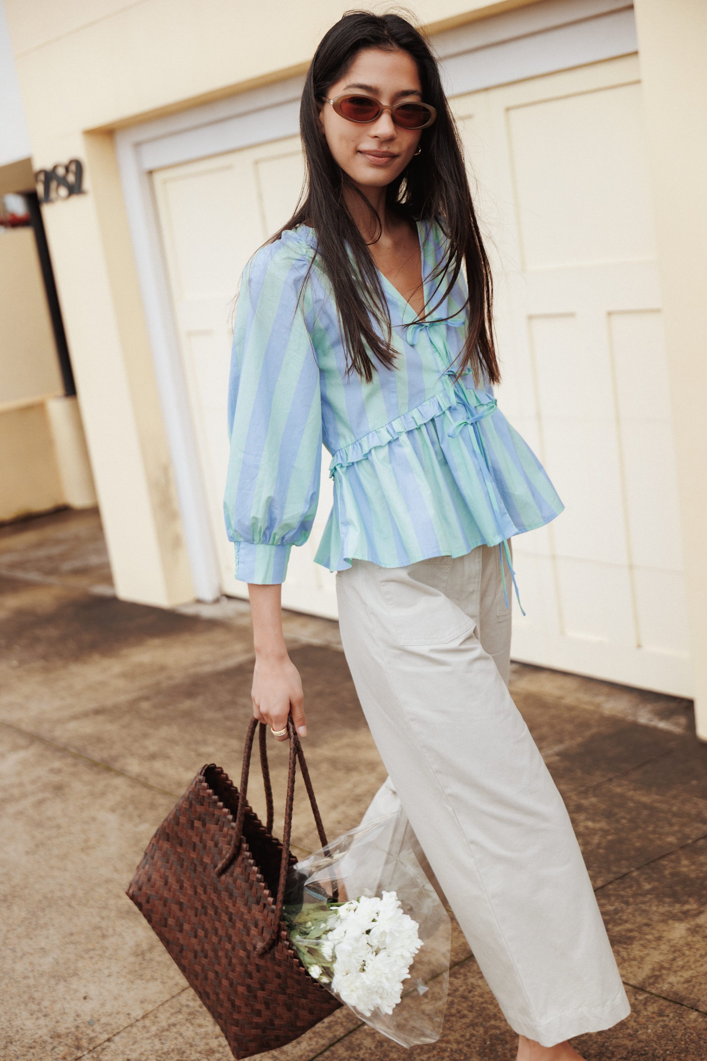 TOPS Benny Puff Sleeve Top - Green/Blue Stripe