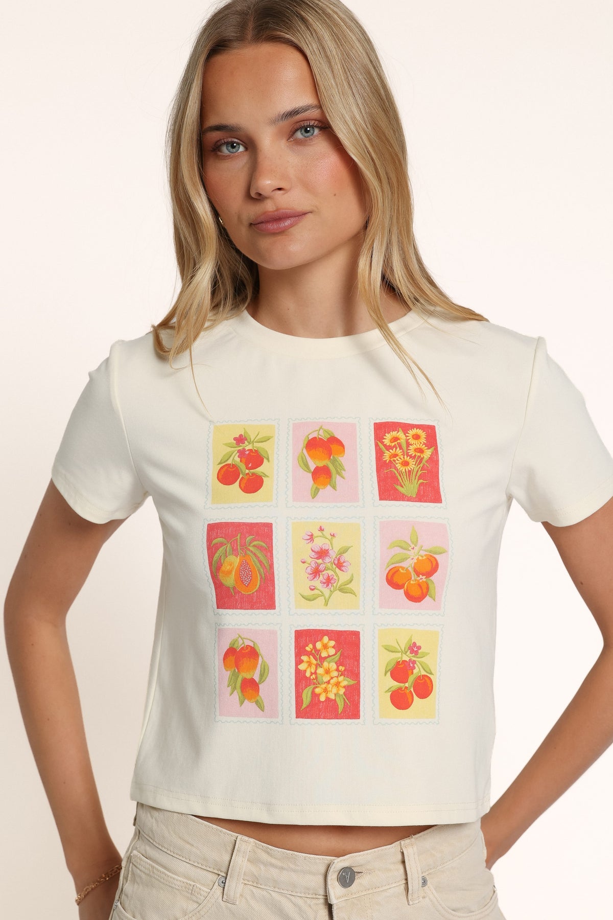 TOPS Bessie Graphic Tee - Fruit Stamps
