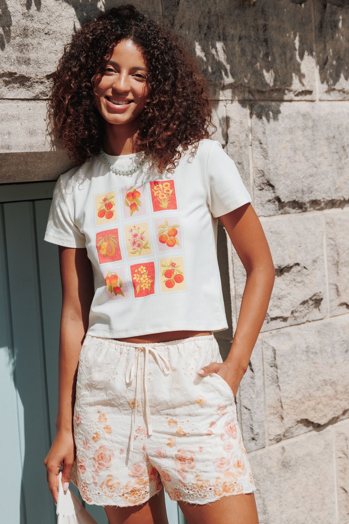 TOPS Bessie Graphic Tee - Fruit Stamps