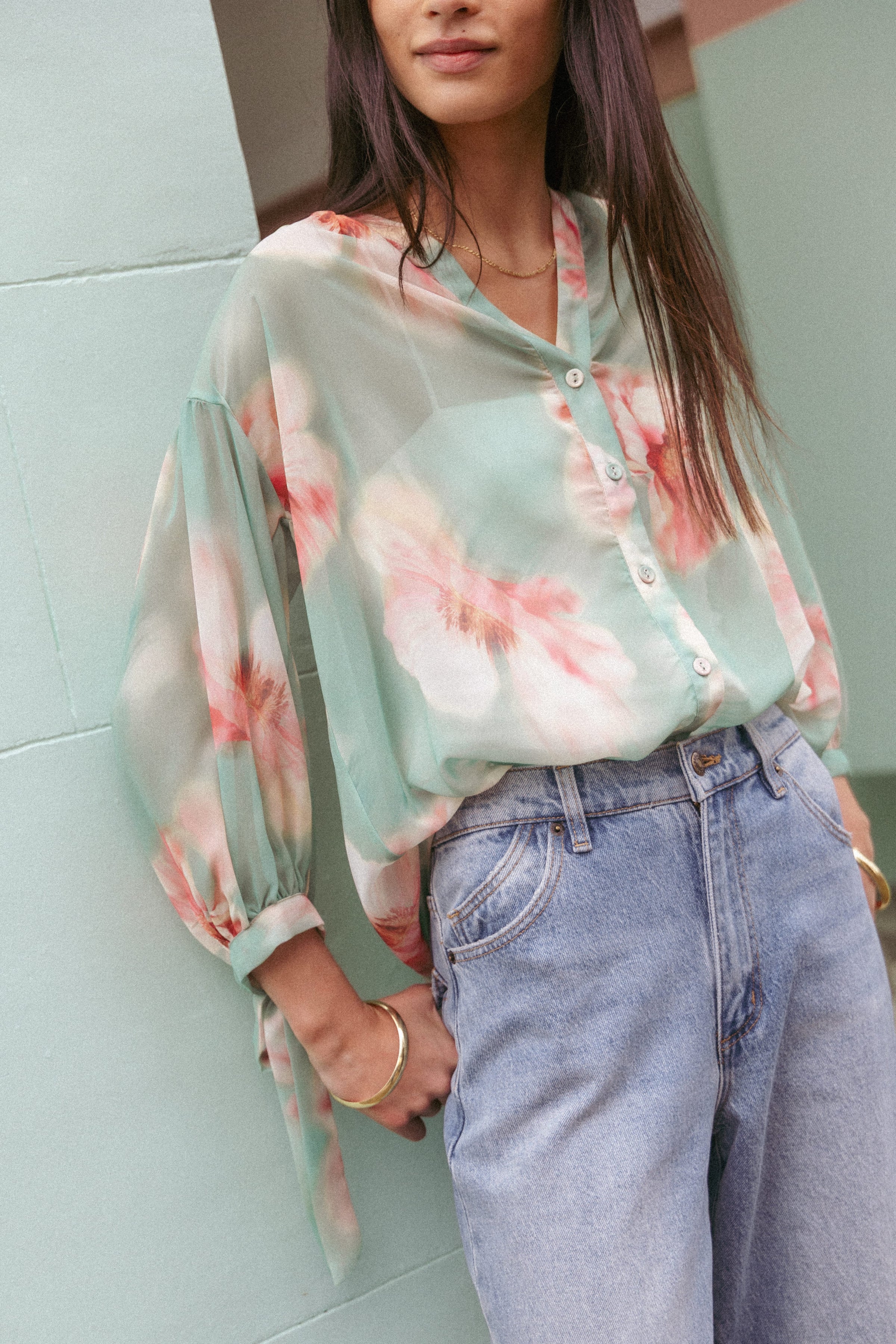 TOPS Brenda Blouse - Jade Green Blurred Floral