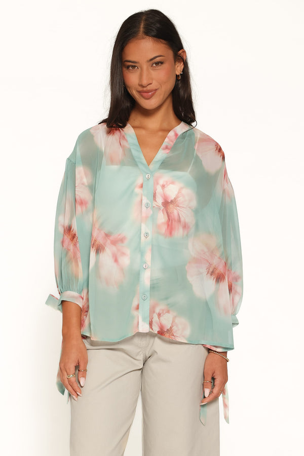 TOPS Brenda Blouse - Jade Green Blurred Floral