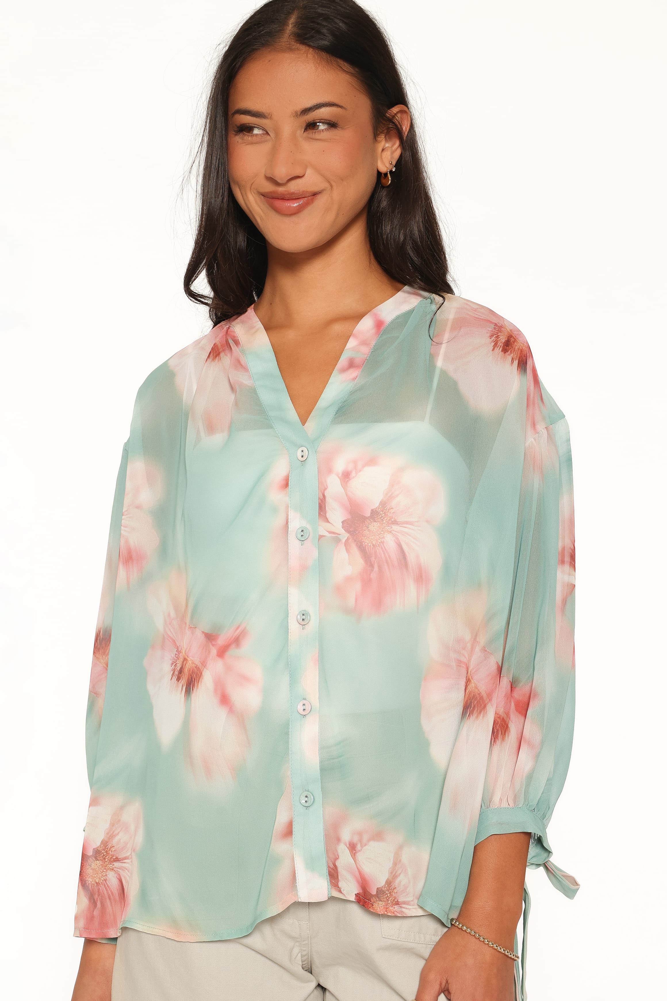 TOPS Brenda Blouse - Jade Green Blurred Floral