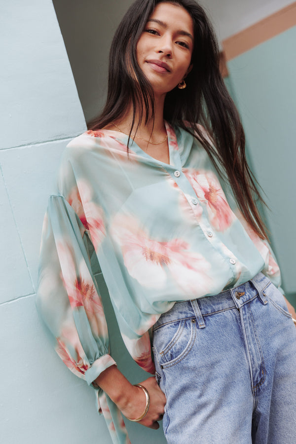 TOPS Brenda Blouse - Jade Green Blurred Floral