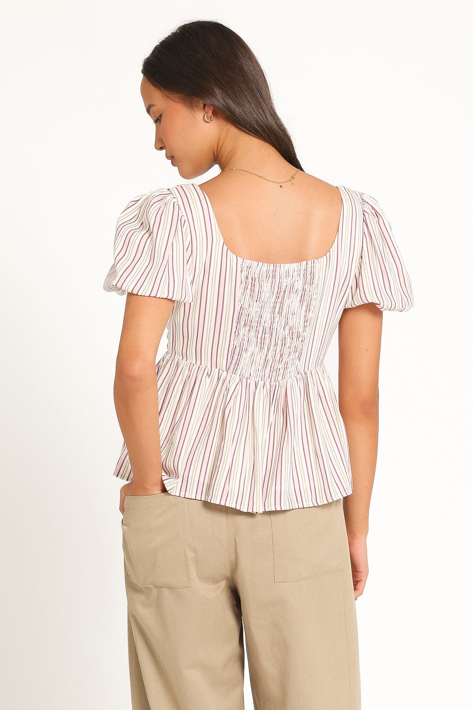 TOPS Brissa Puff Sleeve Blouse - Pink Candy Stripe
