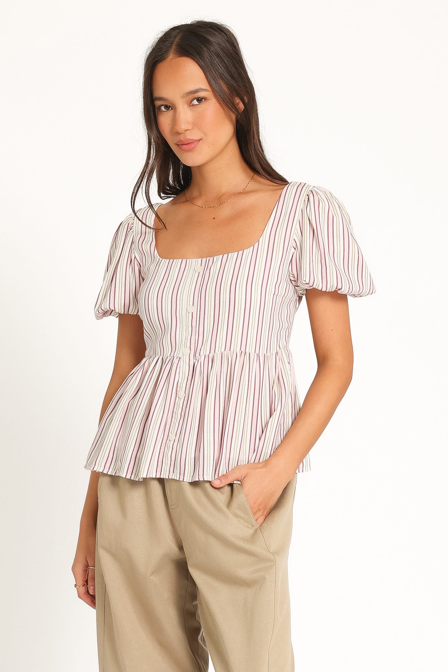 TOPS Brissa Puff Sleeve Blouse - Pink Candy Stripe