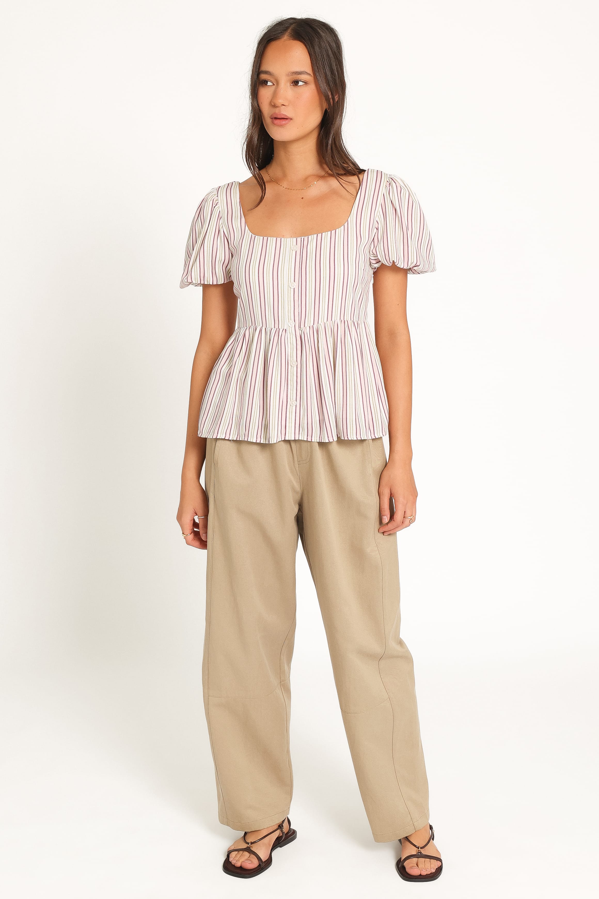 TOPS Brissa Puff Sleeve Blouse - Pink Candy Stripe