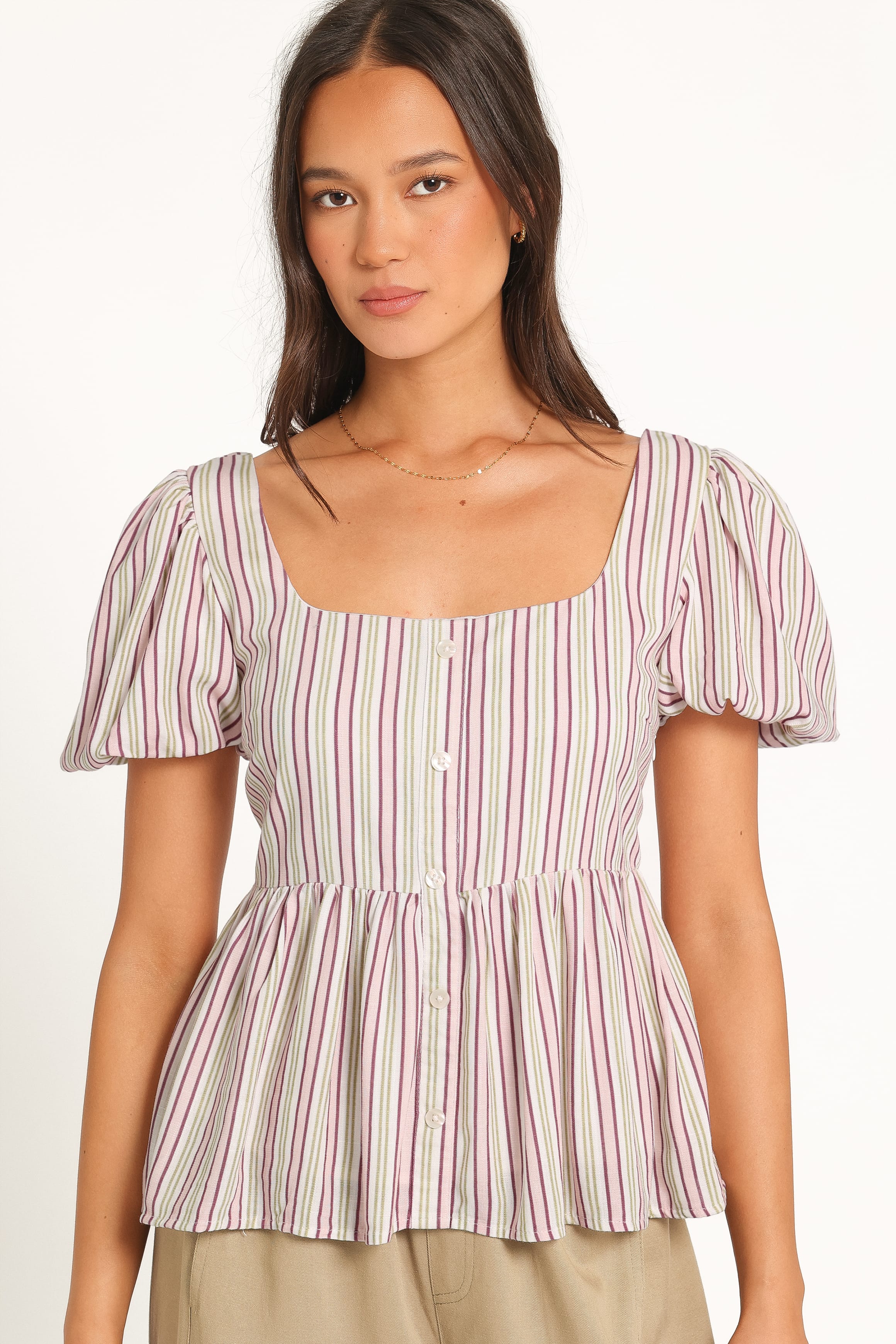 TOPS Brissa Puff Sleeve Blouse - Pink Candy Stripe