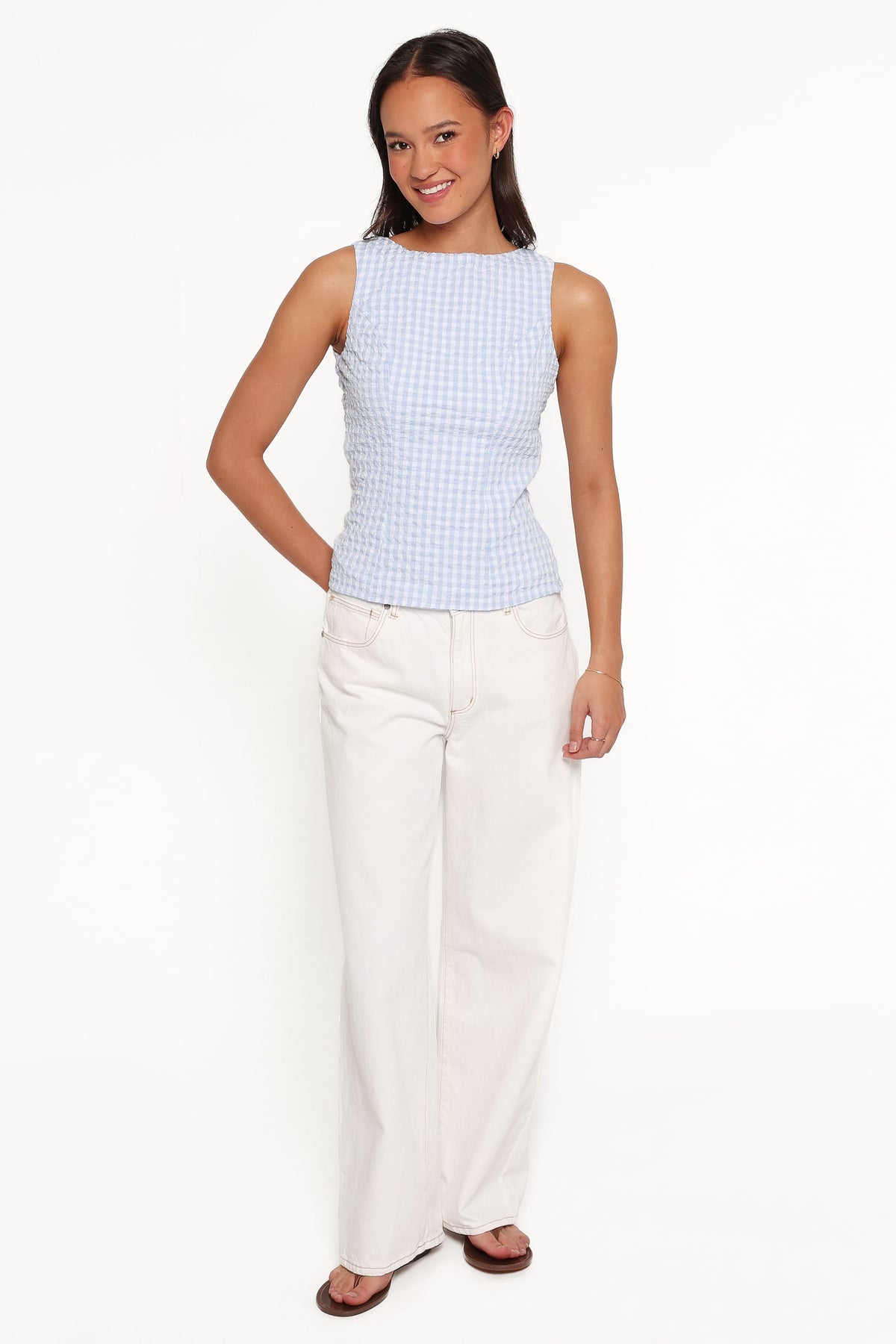 TOPS Brynn Tie Back Top - Blue Gingham