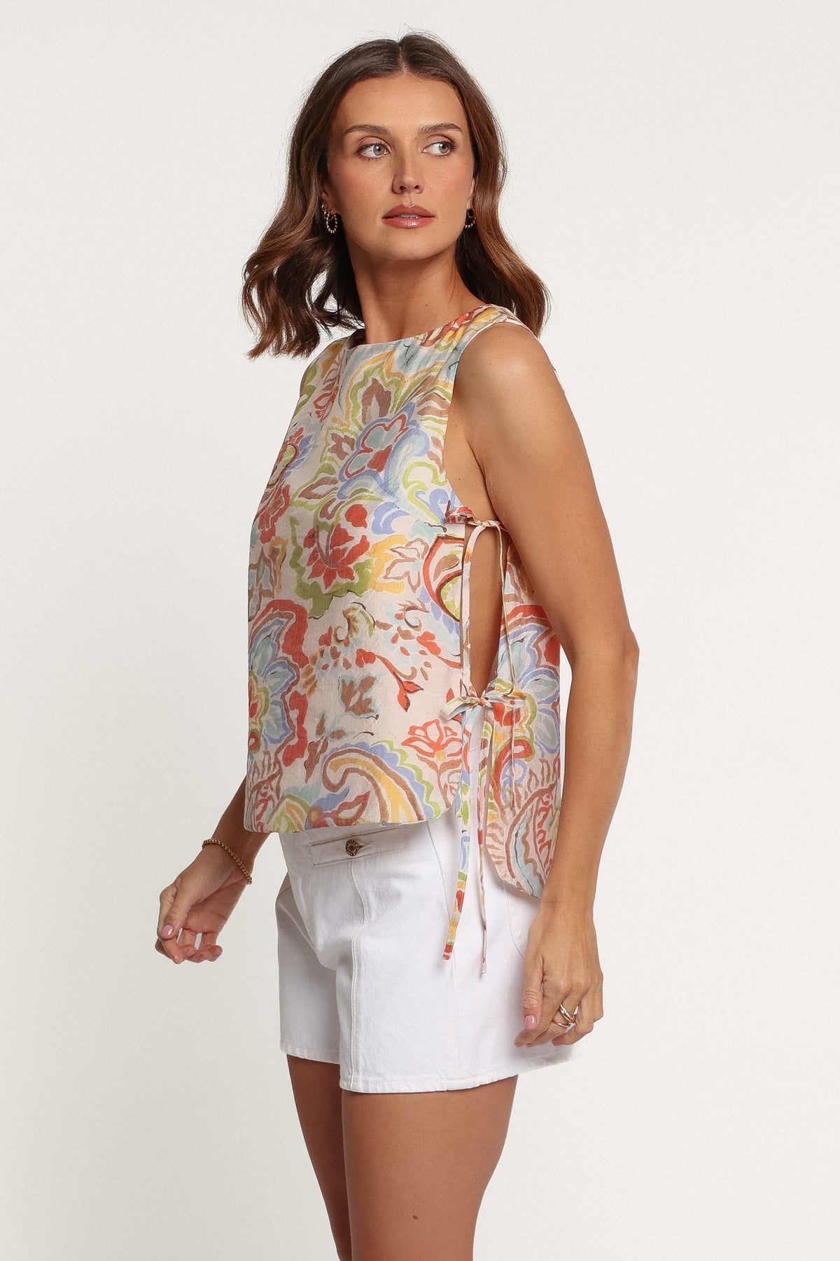 TOPS Bryson Side Tie Top - Green Blue Paisley