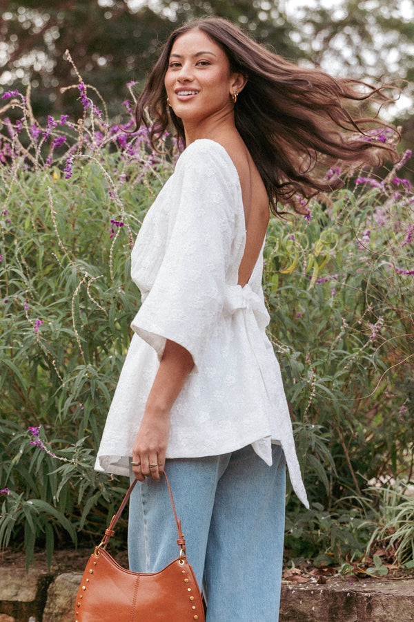 TOPS Camila Open Back Top - White Embroidery