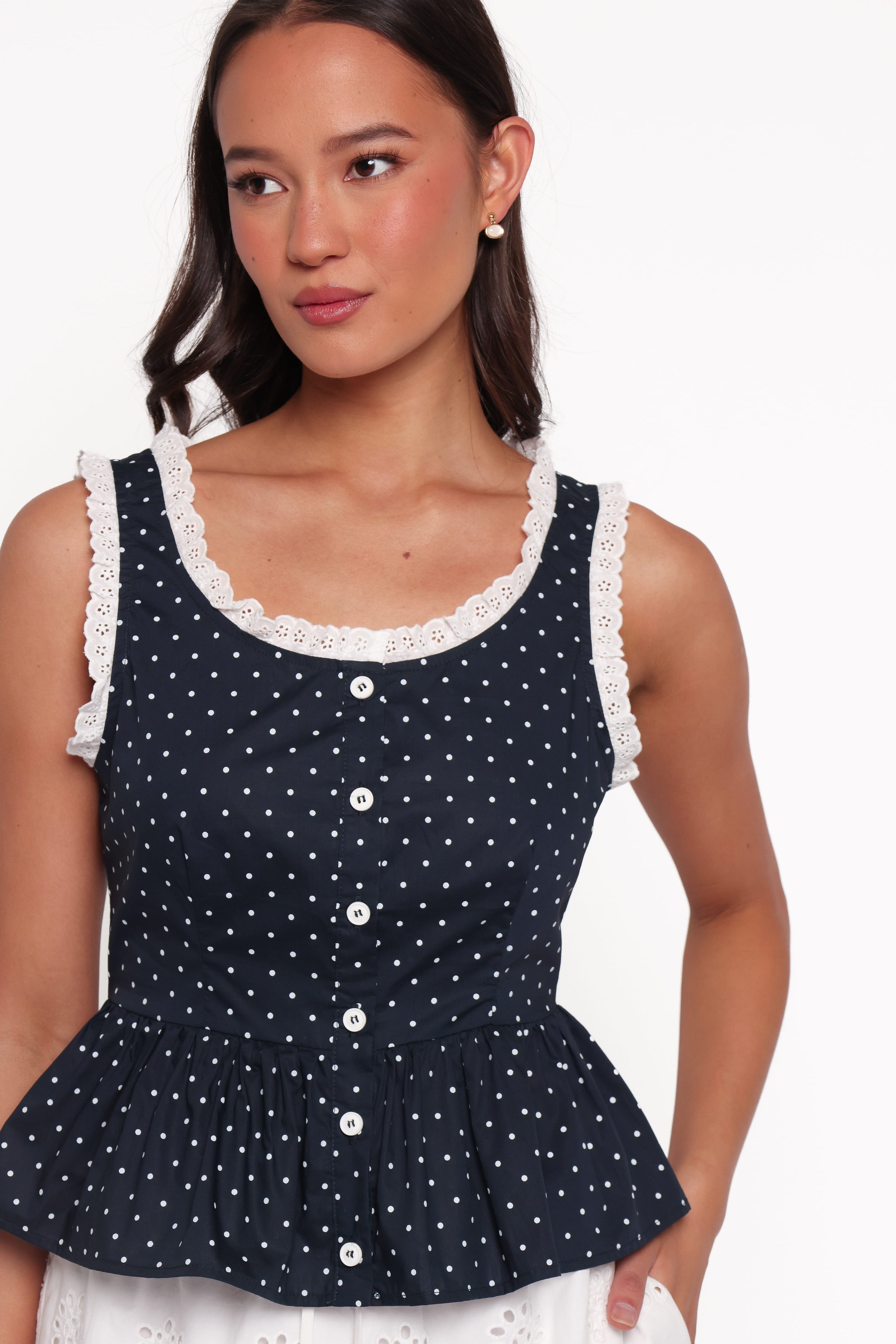 TOPS Carolina Top - Navy Polka Dot