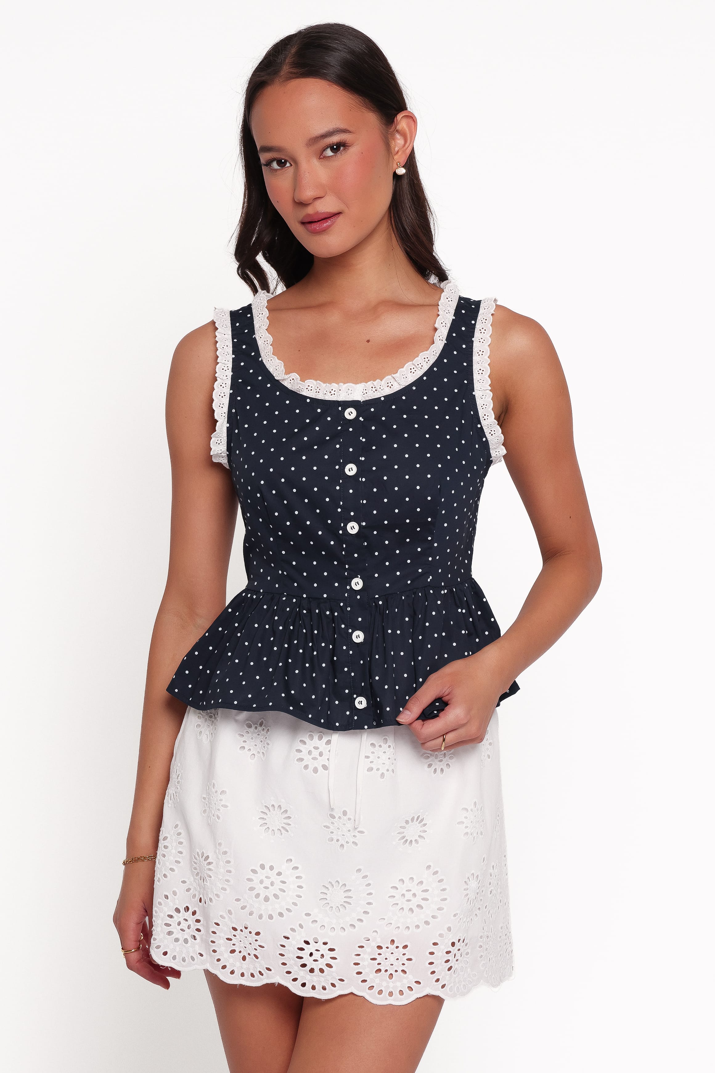 TOPS Carolina Top - Navy Polka Dot