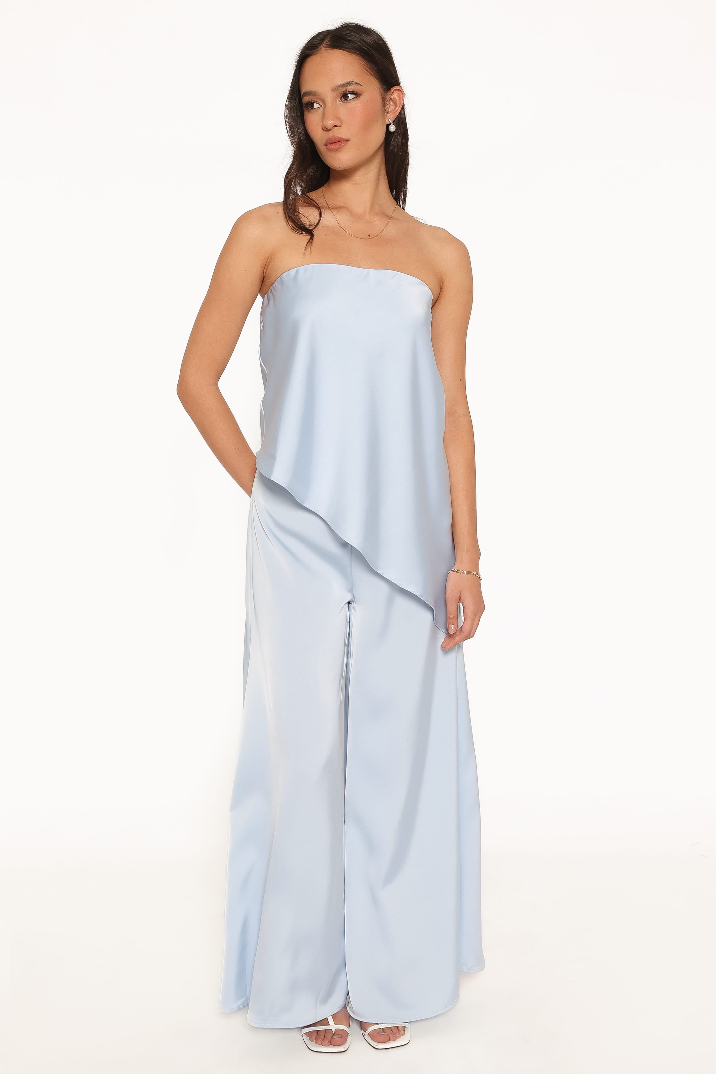 TOPS Charmer Asymmetrical Longline Strapless Top - Light Blue