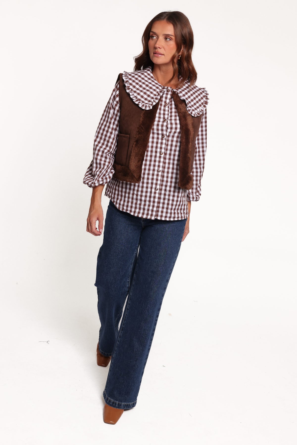 TOPS Cosetta Frill Collared Shirt - Brown Gingham