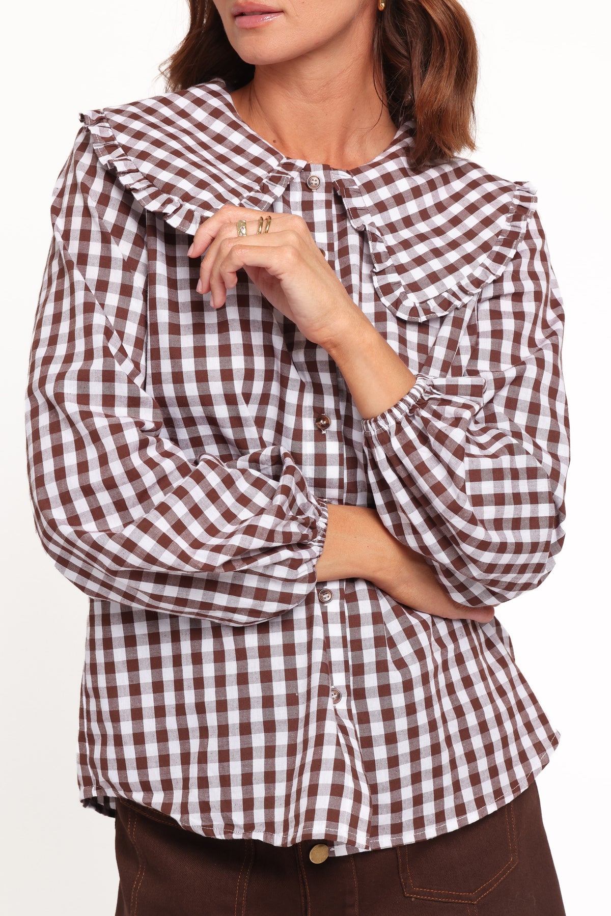 TOPS Cosetta Frill Collared Shirt - Brown Gingham