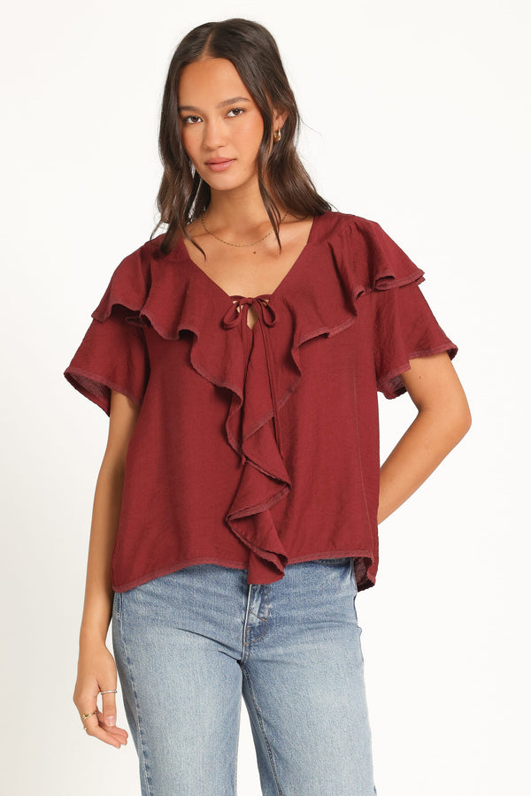 TOPS Delores Ruffle Top - Wine