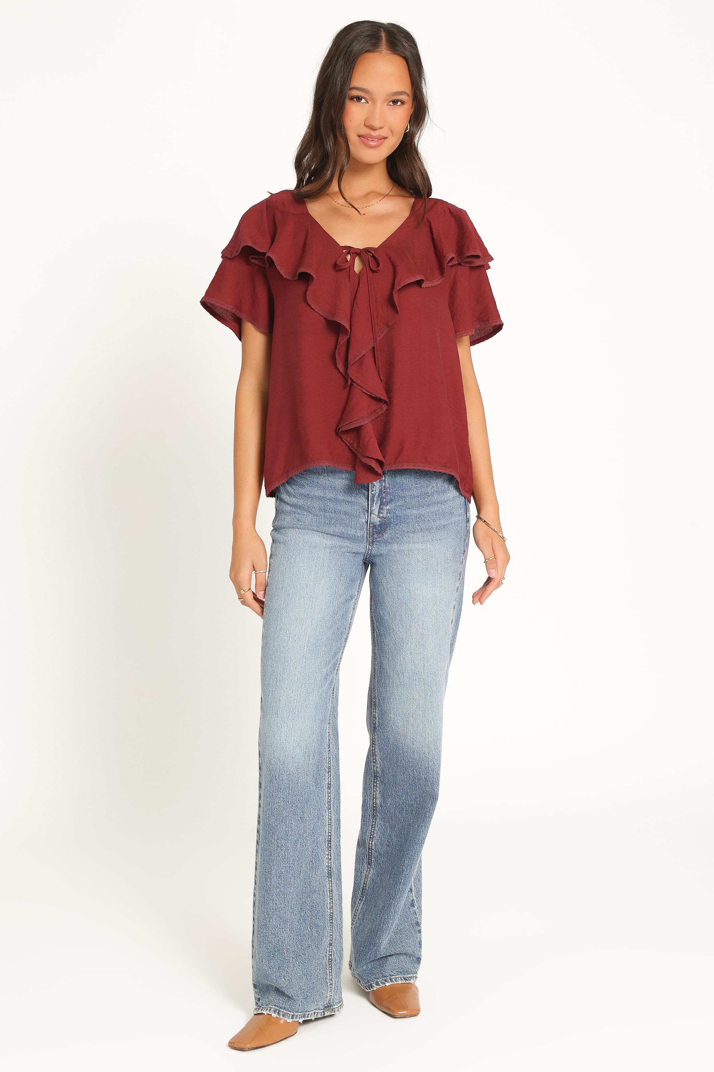 TOPS Delores Ruffle Top - Wine