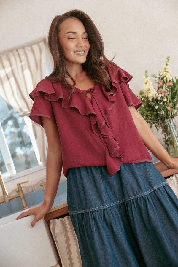 TOPS Delores Ruffle Top - Wine