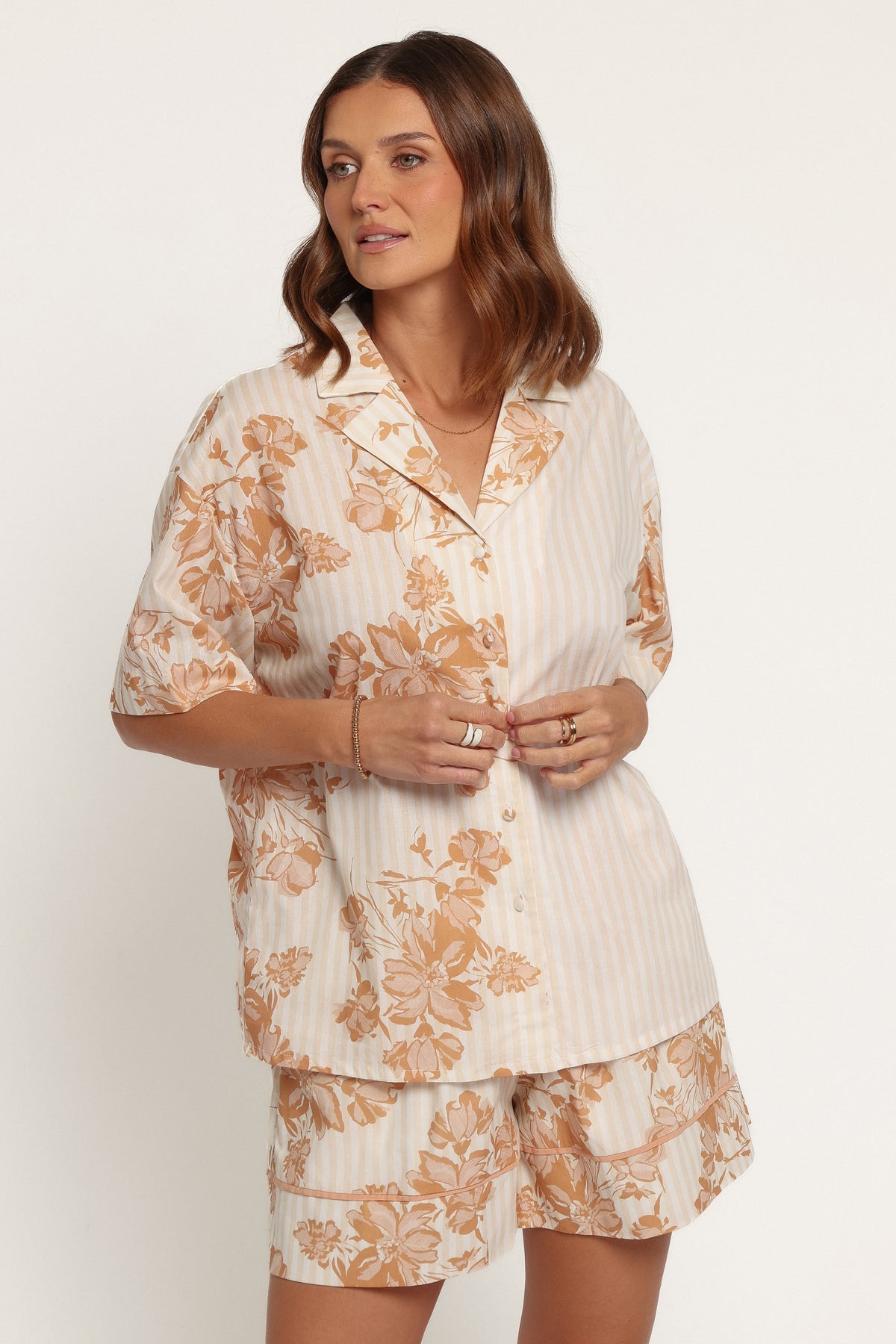 TOPS Desmond Short Sleeve Shirt - Floral Caramel Stripe