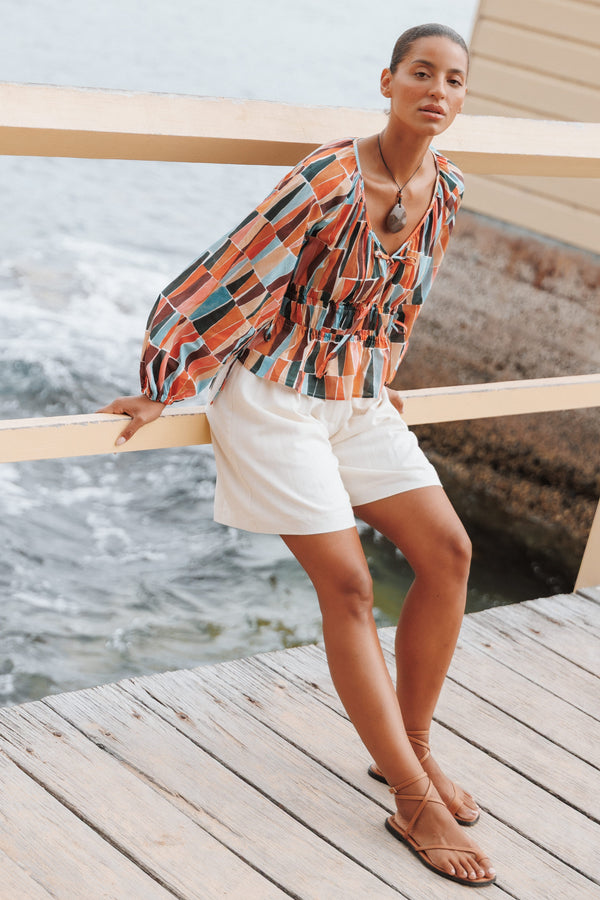 TOPS Effie Long Sleeve Top - Multi Mosaic Print