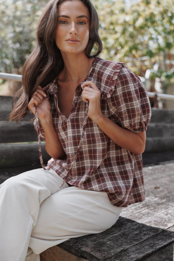 TOPS Evandri Frill Collar Top - Burgundy Plaid