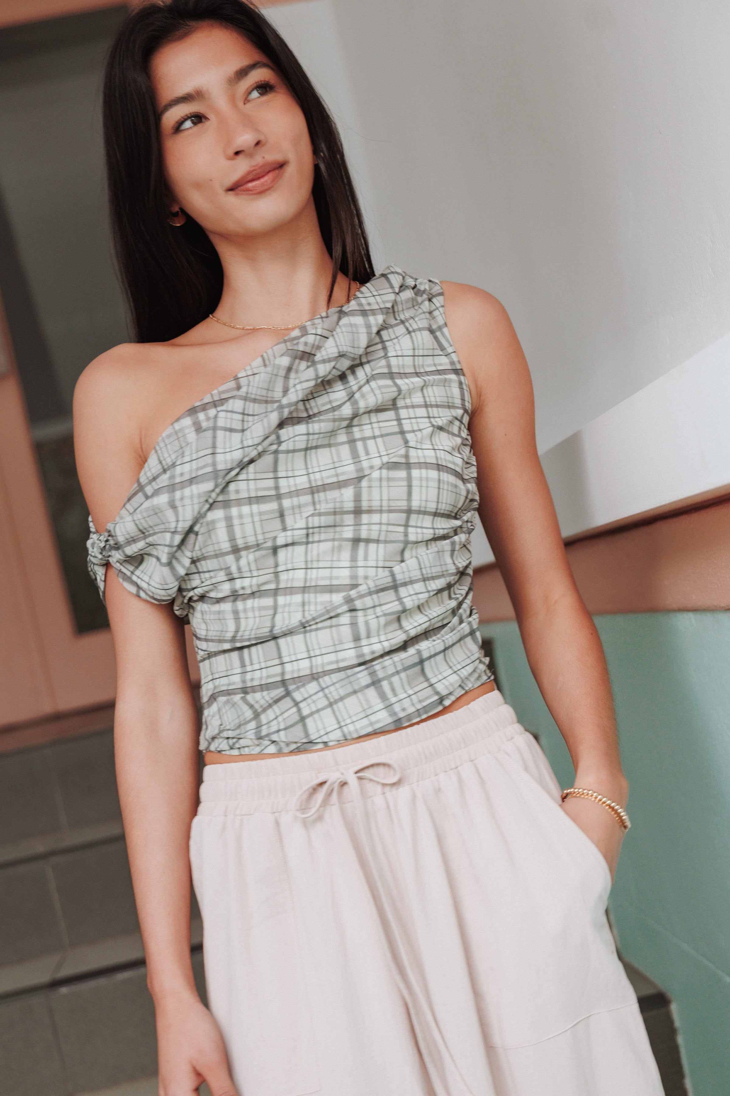 TOPS Evena Mesh Top - Green Plaid