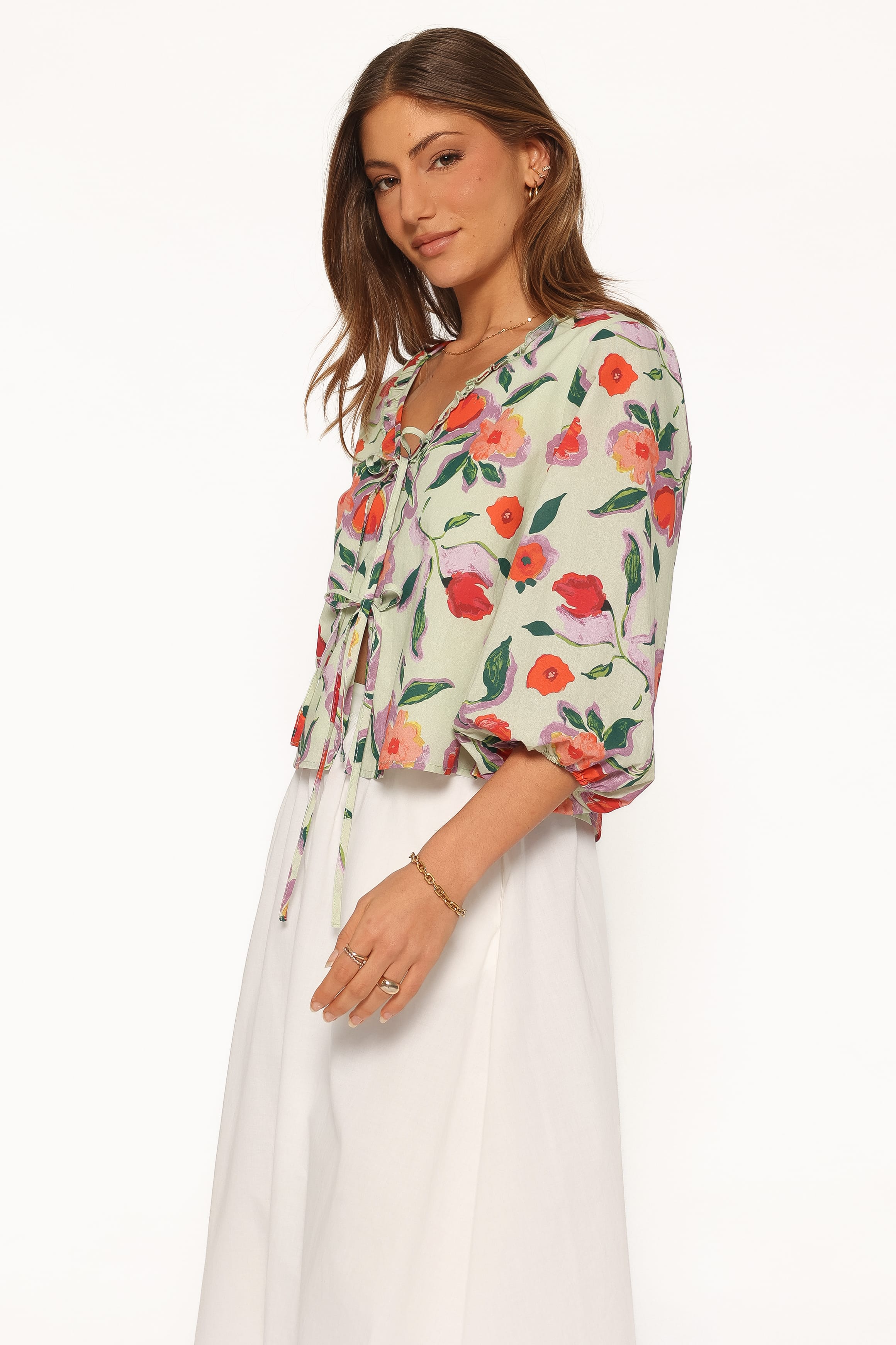 TOPS Fainche Front Tie Top - Green Painted Floral