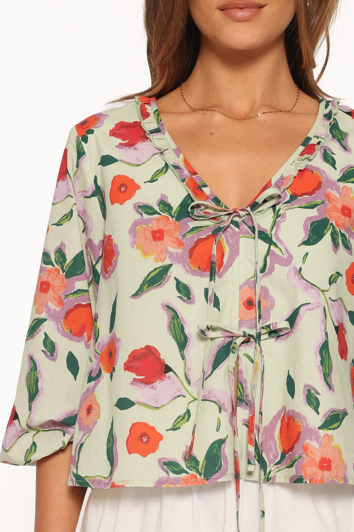 TOPS Fainche Front Tie Top - Green Painted Floral